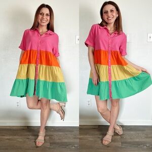 Ces Femme Vibrant Pink and Green tiered Mini Dress size medium